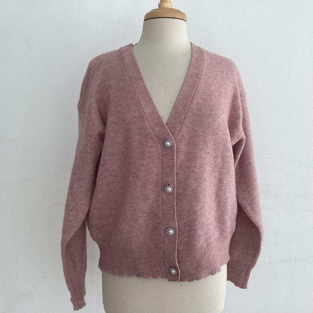 Celebrity Pink Light Heather Pink Vneck Cardigan/ Pearl and Cut Glass Buttons.L